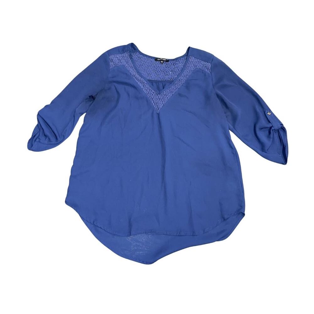 Papermoon Navy Blue Chiffon Lace Trim V-Neck Blouse Size Medium Career Office
